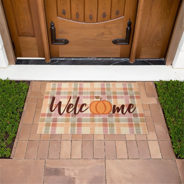 Cute Pumpkin Welcome Fall Orange Red Gingham Doormat (Outdoor)