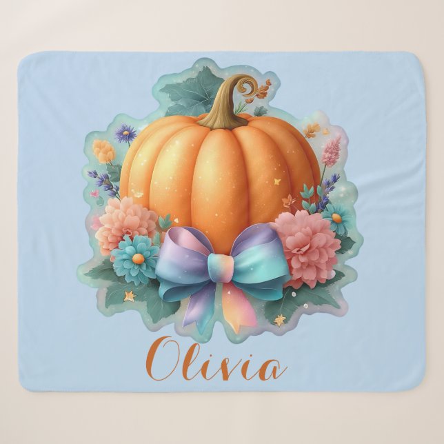 Cute Pumpkin with Flowers Personalized T-Shirt Sherpa Blanket (Front (Horizontal))
