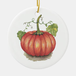 Cute Pumpkin With Vines In Watercolor Ceramic Ornament