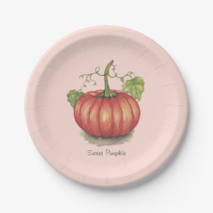 Cute Pumpkin With Vines In Watercolor Paper Plate