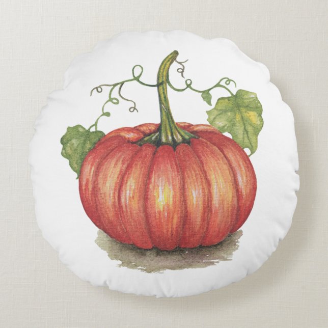 Cute Pumpkin With Vines In Watercolor Round Pillow (Front)