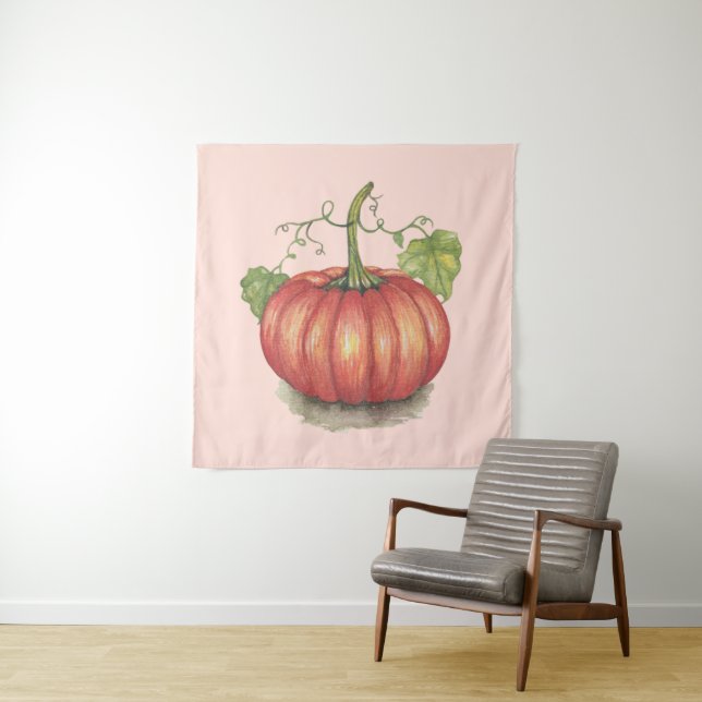 Cute Pumpkin With Vines In Watercolor Tapestry (In Situ)
