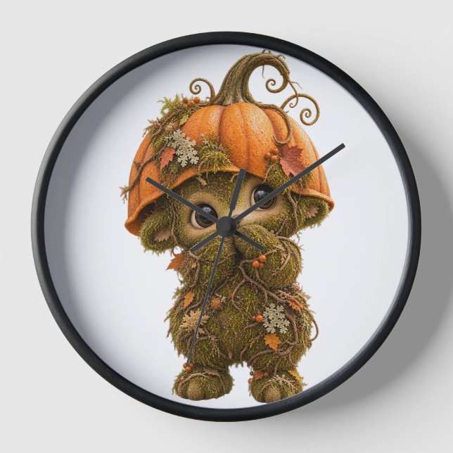 Cute Pumpkin Woodland Creature Wall Clock – Autumn (Front)