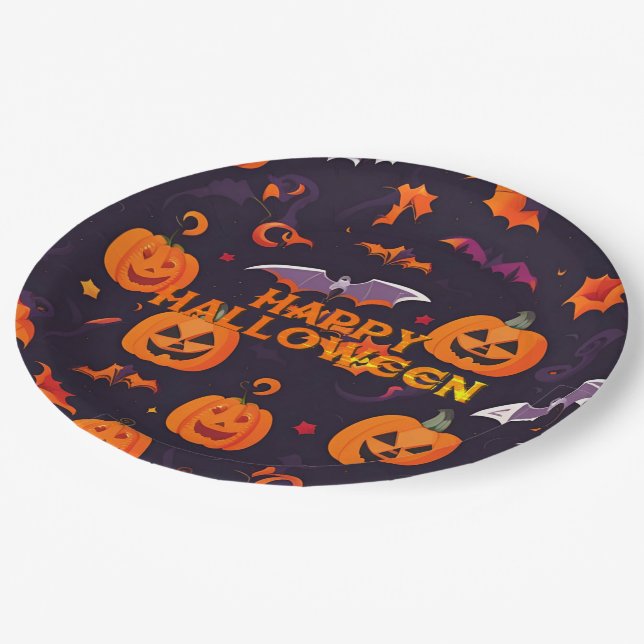 Cute Pumpkins And Bats Paper Plate (Angled)