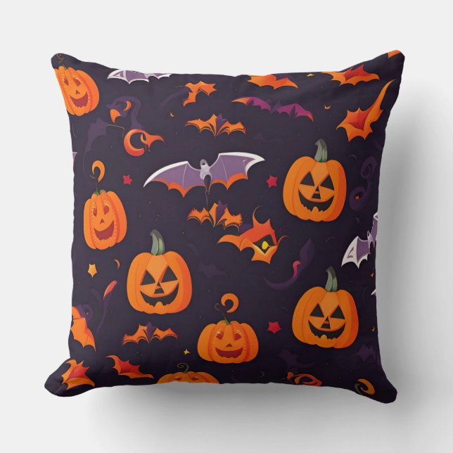 Cute Pumpkins And Bats Throw Pillow (Front)