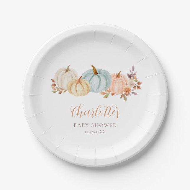 Cute Pumpkins Autumn Floral | Baby Shower Paper Plate (Front)