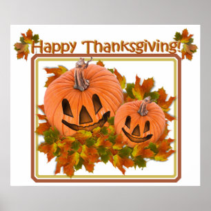 Cute Pumpkins in Fall Leaves Poster