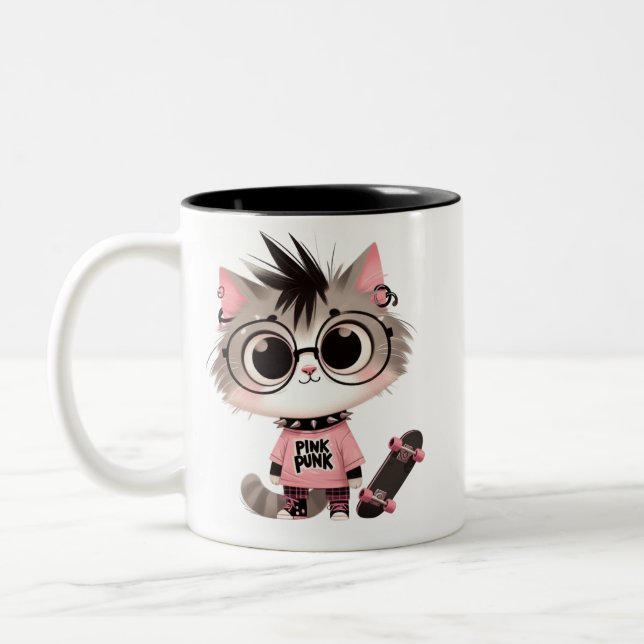  Cute Punk Cat with Skateboard | Pink Punk Kitty  Two-Tone Coffee Mug (Left)