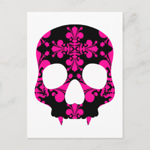 Cute punk goth fanged skull hot pink and black postcard