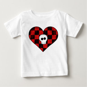 Cute punk goth skull in red chequered heart baby T-Shirt