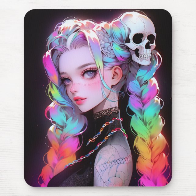 Cute Punk Rock Skull Goth Rainbow Braid Anime Girl Mouse Pad (Front)