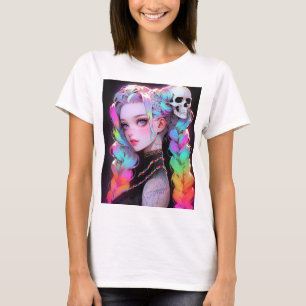 Cute Punk Rock Skull Goth Rainbow Braid Anime Girl T-Shirt