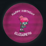Cute Punk Rock Zombie Girl Happy Birthday Paper Plate<br><div class="desc">Paper plates with a cute zombie girl illustration with hot pink hair and deathly green skin. Wearing punk rock themed attire. Her arms outstretched searching for brrraaaains. 

Set on a dark magenta grunge style background with faded stripes. Personalize with a name.</div>