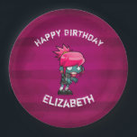 Cute Punk Rock Zombie Girl Happy Birthday Paper Plate<br><div class="desc">Paper plates with a cute zombie girl illustration with hot pink hair and deathly green skin. Wearing punk rock themed attire. Her arms outstretched searching for brrraaaains. 

Set on a dark magenta grunge style background with faded stripes. Personalize with a name.</div>