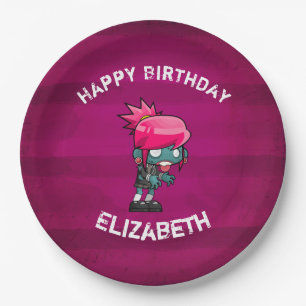 Cute Punk Rock Zombie Girl Happy Birthday Paper Plate