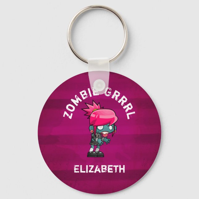 Cute Punk Rock Zombie Grrrl Personalized Keychain (Front)