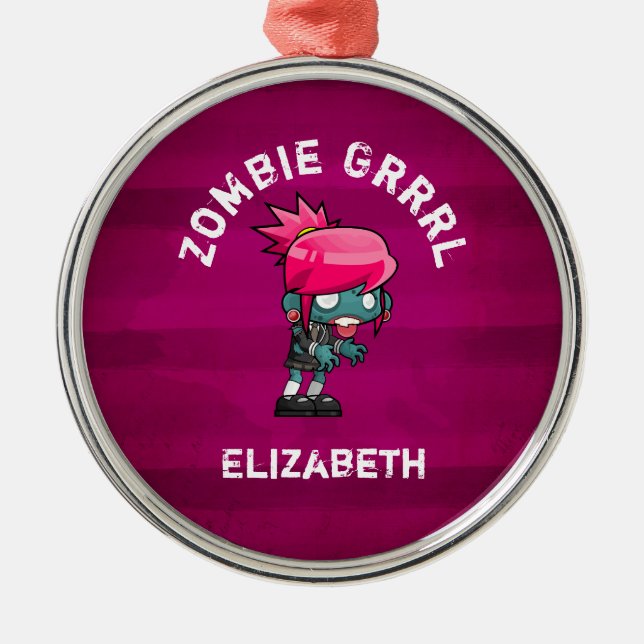 Cute Punk Rock Zombie Grrrl Personalized Metal Ornament (Front)