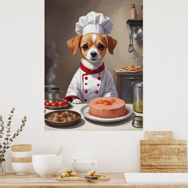 Cute Pup Chef Baking in Kitchen Cute Dog Kitchen  Poster (Kitchen)