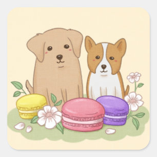 Cute Puppies and Macarons Illustration Art Square Sticker