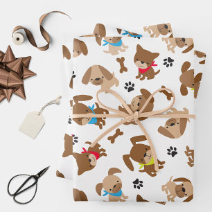 Cute Puppies and Paw Prints Wrapping Paper Sheet