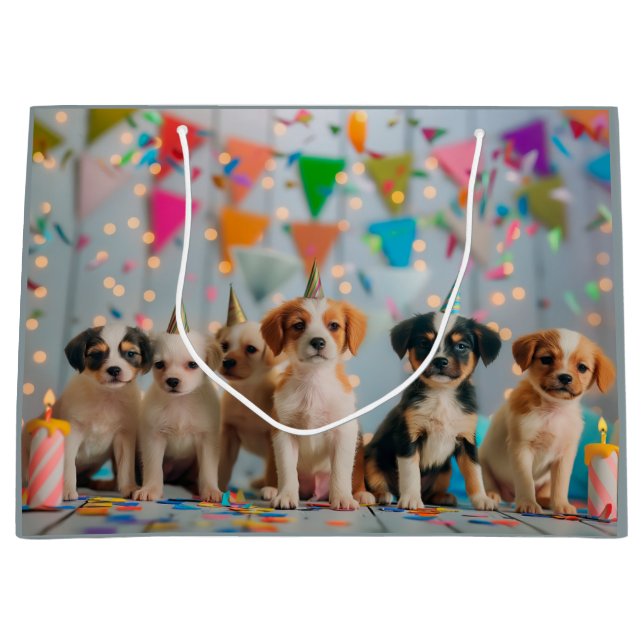 Cute Puppies Birthday Party Celebration Design Large Gift Bag (Front)