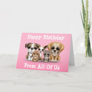Cute Puppies, Kitten and Bunny Pet Portrait Pink Card