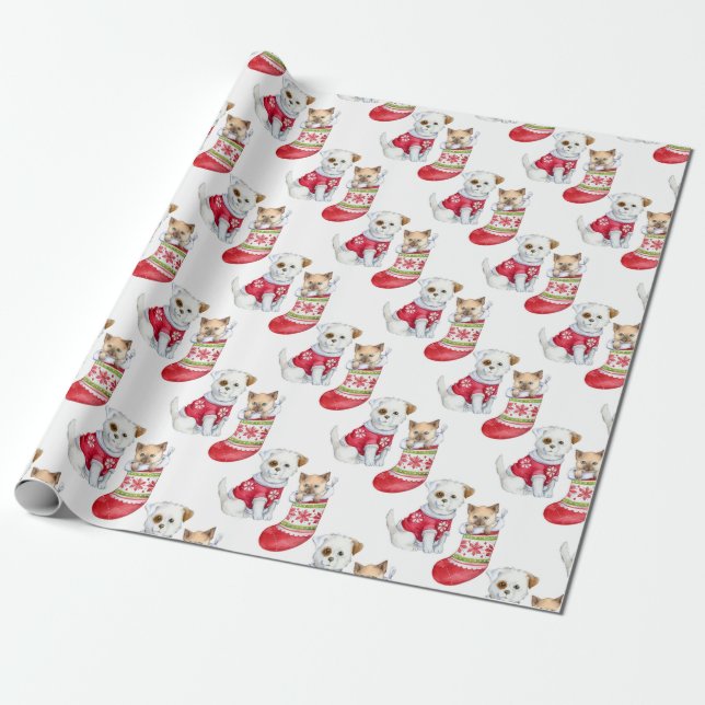 Cute Puppies & Kittens Christmas Holiday Wrapping Paper (Unrolled)