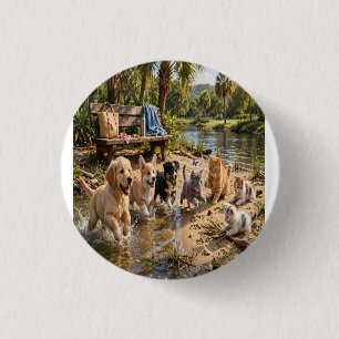 Cute Puppies & Kittens Riverside Adventure   1 Inch Round Button