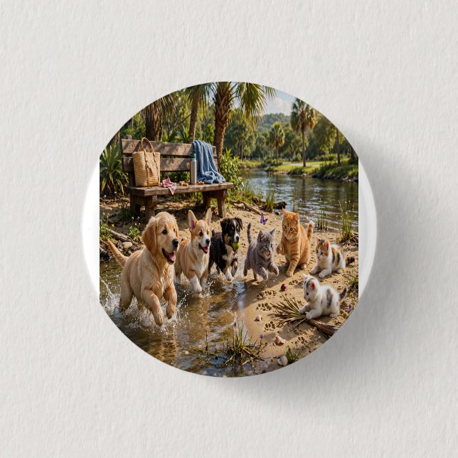 Cute Puppies & Kittens Riverside Adventure   1 Inch Round Button (Front)