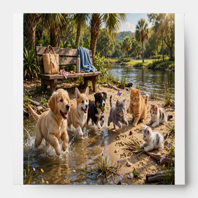 Cute Puppies & Kittens Riverside Adventure  Envelope (Front)