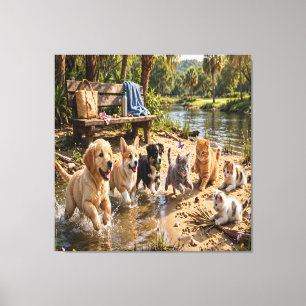 Cute Puppies & Kittens Riverside Stretched Canvas Print