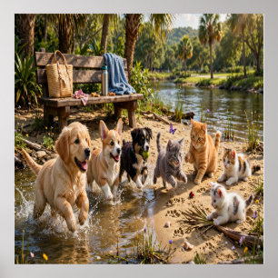 Cute Puppies & Kittens Riverside Wall Poster