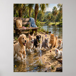 Cute Puppies & Kittens Riverside Wall Poster