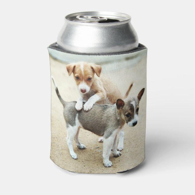 Cute Puppies Playing on Beach Can Cooler (Can Back)