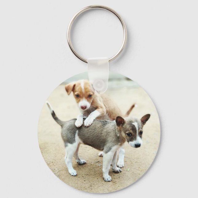Cute Puppies Playing on Beach Keychain (Front)
