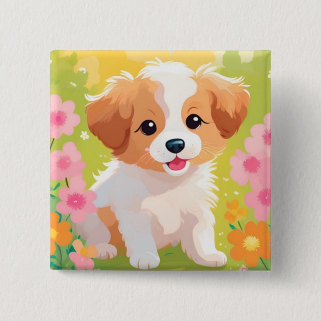 Cute Puppy 2 Inch Square Button (Front)