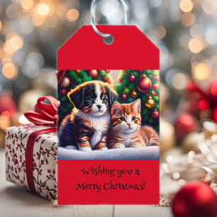Cute puppy and cat under Christmas tree custom Gift Tags