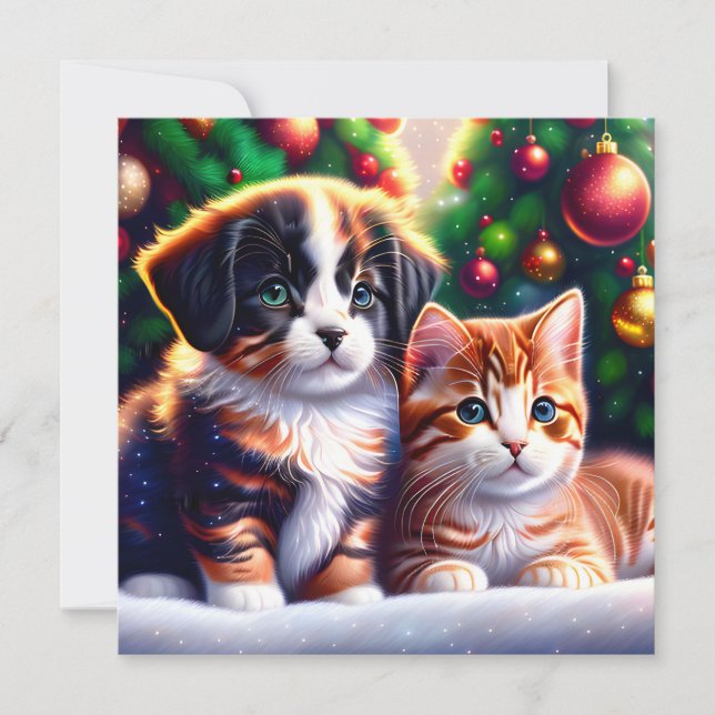 Cute puppy and cat under Christmas tree Holiday Card (Front)