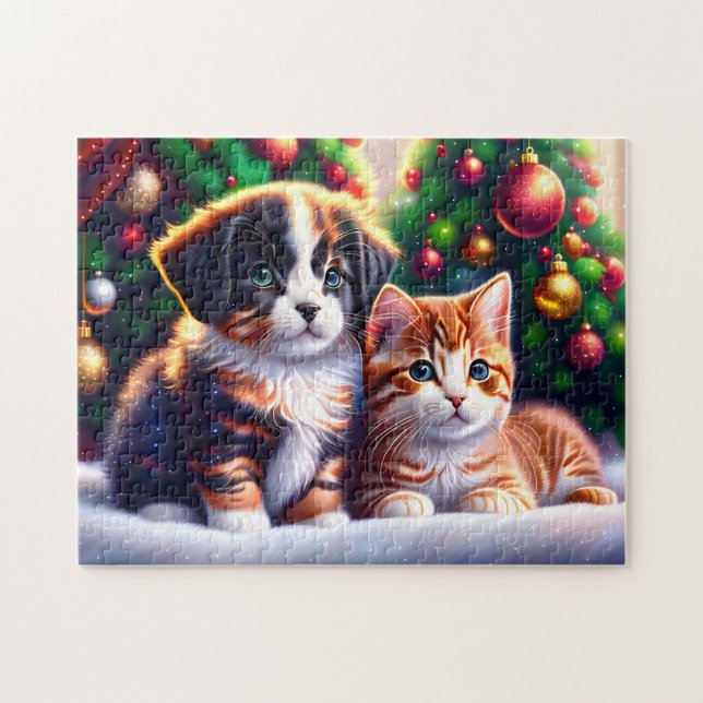 Cute puppy and cat under Christmas tree Jigsaw Puzzle (Horizontal)