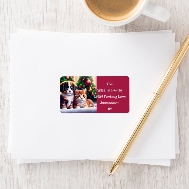 Cute puppy and cat under Christmas tree Label (Insitu)