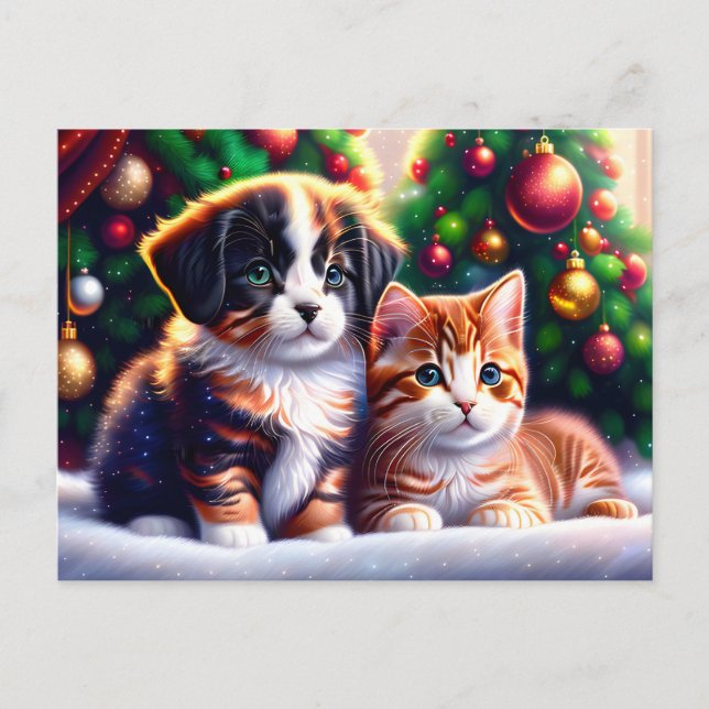 Cute puppy and cat under Christmas tree Postcard (Front)