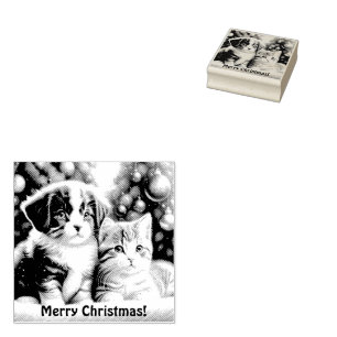 Cute puppy and cat under Christmas tree Rubber Stamp