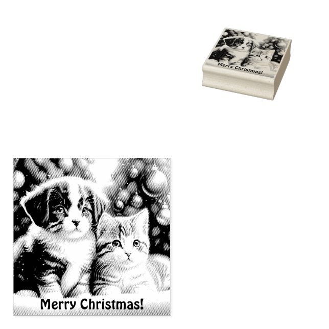 Cute puppy and cat under Christmas tree Rubber Stamp (Stamped)