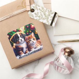 Cute puppy and cat under Christmas tree Square Sticker