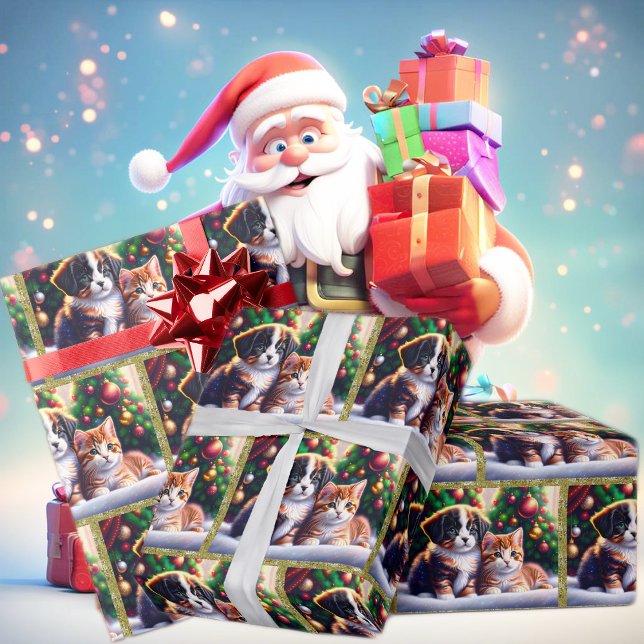 Cute puppy and cat under Christmas tree Wrapping Paper (Creator Uploaded)