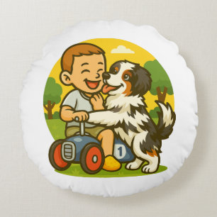 Cute Puppy and Kid Playtime Round Pillow