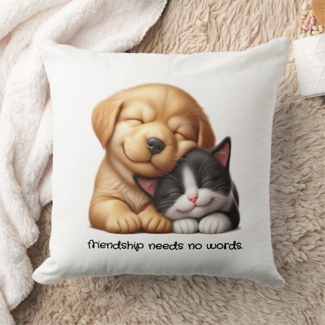 Cute Puppy and Kitten Cuddling Best Friends Throw Pillow (Blanket)