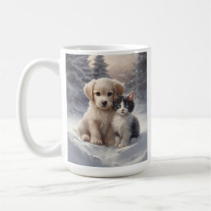 Cute Puppy and Kitten in Snow  Coffee Mug