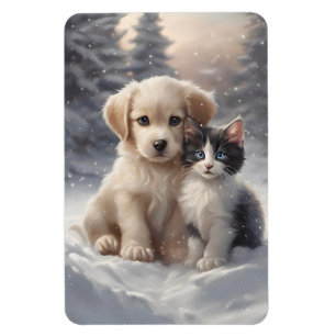Cute Puppy and Kitten in Snow Refrigerator  Magnet