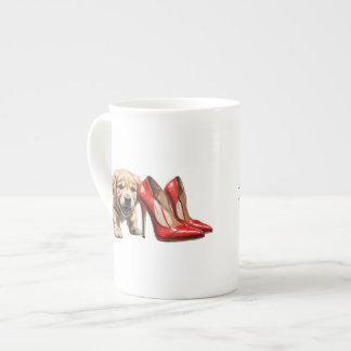 Cute Puppy and Red Heels Pencil Sketch Art Print Bone China Mug